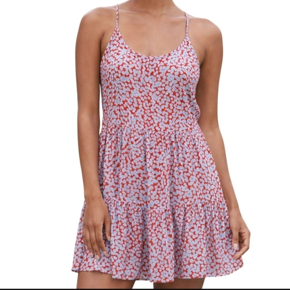 Diane Von Furstenberg Silk Red Blue Pattern Spaghetti Strap Flounce Dress Size M